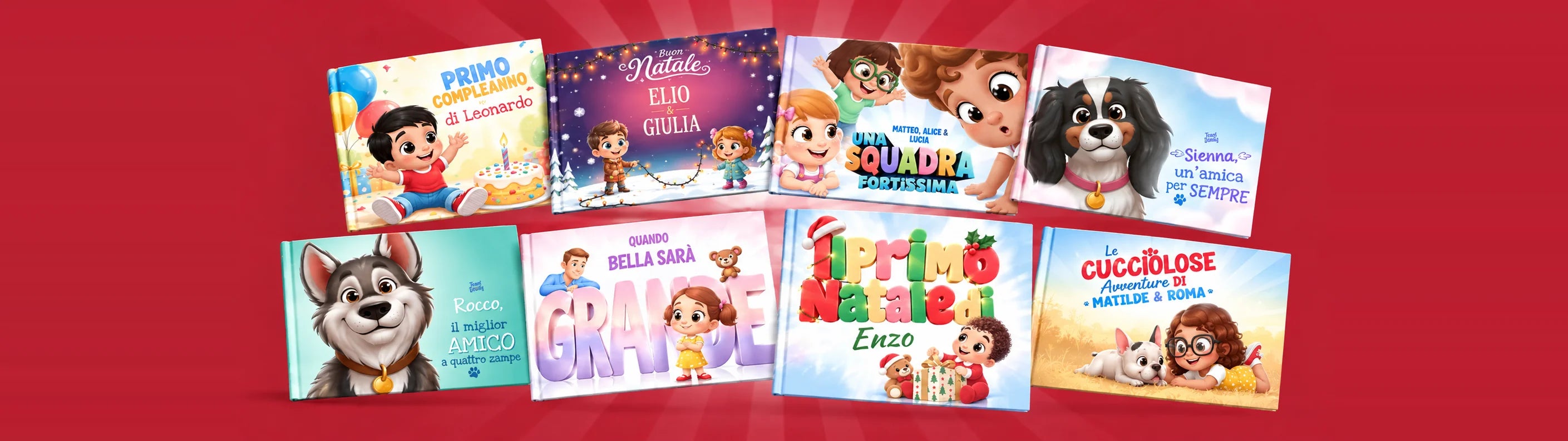 Una selezione di libri personalizzati Urrà Eroi, dal primo compleanno e dal primo Natale alle avventure con cani e gatti.