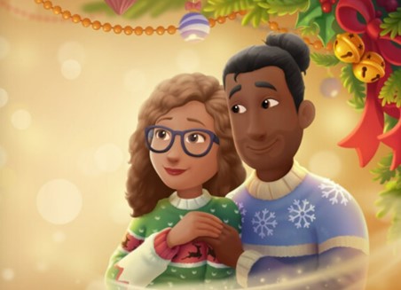 Una coppia che si abbraccia in maglioni natalizi, una storia nel libro di Natale personalizzato per le coppie