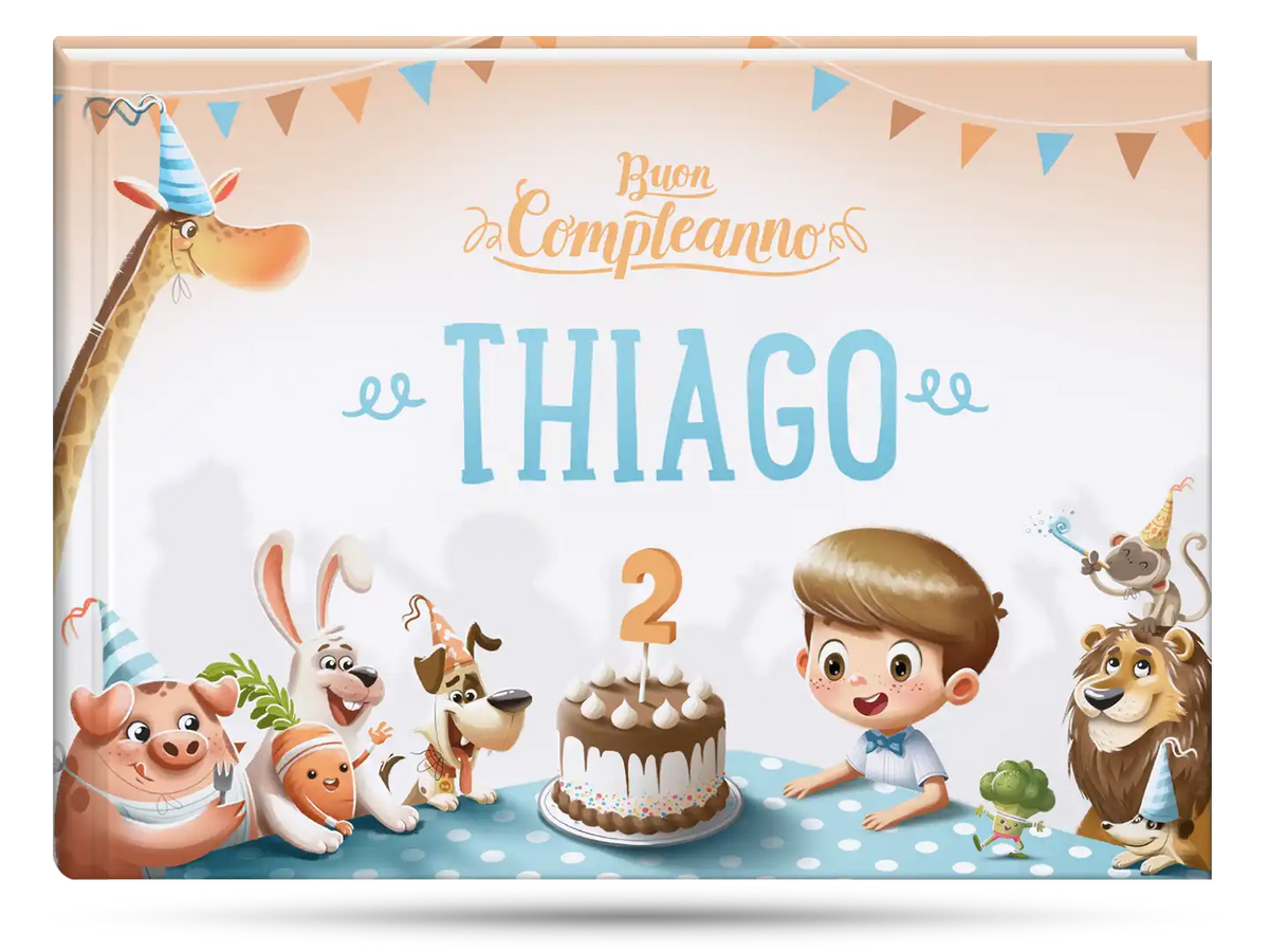 La copertina del libro di compleanno personalizzato dove il tuo bambino compie due anni con i nostri libri di storie personalizzati per bambini piccoli.