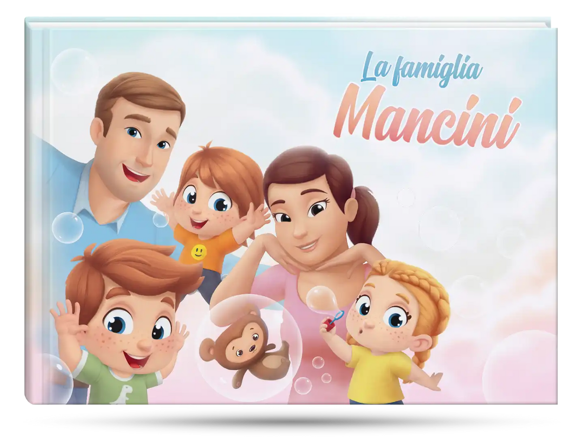 La copertina del libro personalizzato per le famiglie con mamma, papà e 3 bimbi di Urrà Eroi.