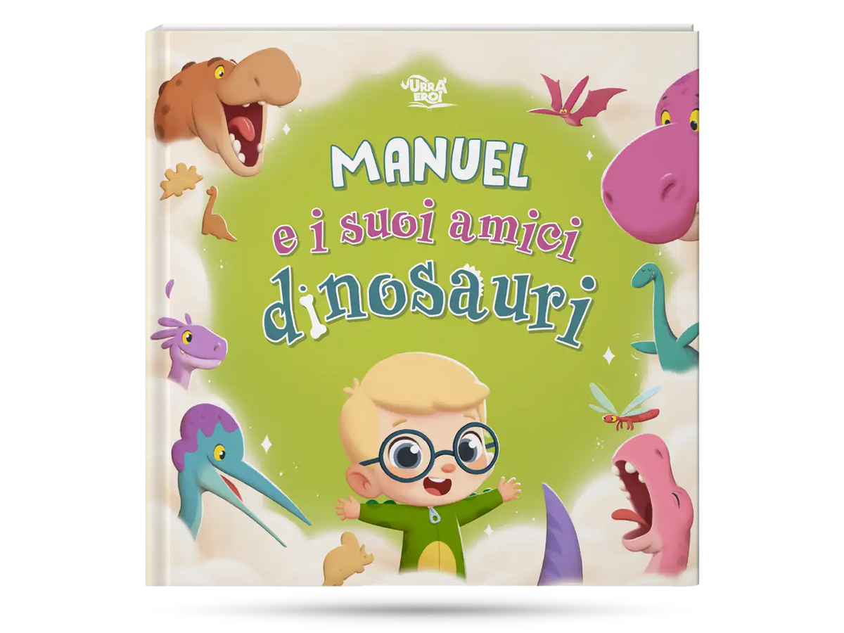 Questo libro personalizzato per bambini ha storie di dinausori.