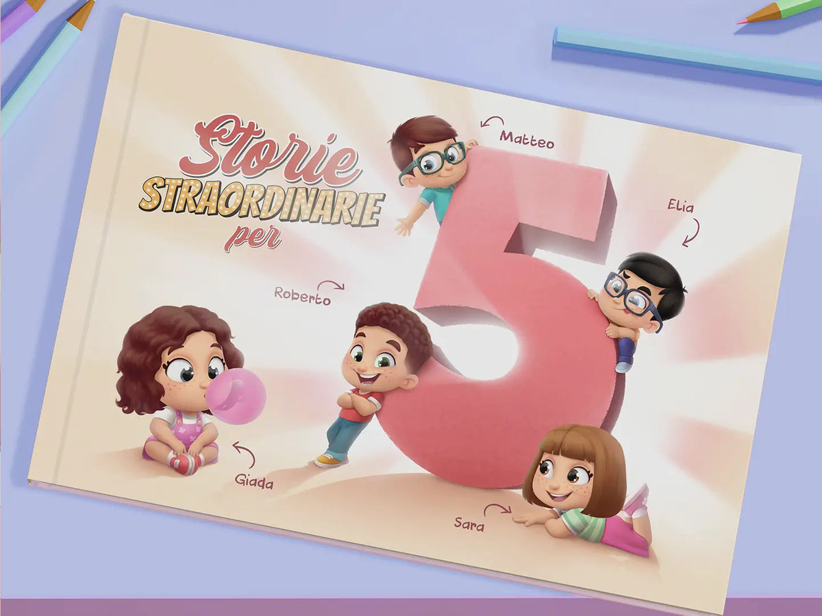 Il libro personalizzato per 5 bambini è un regalo unico nel suo genere per i bambini.