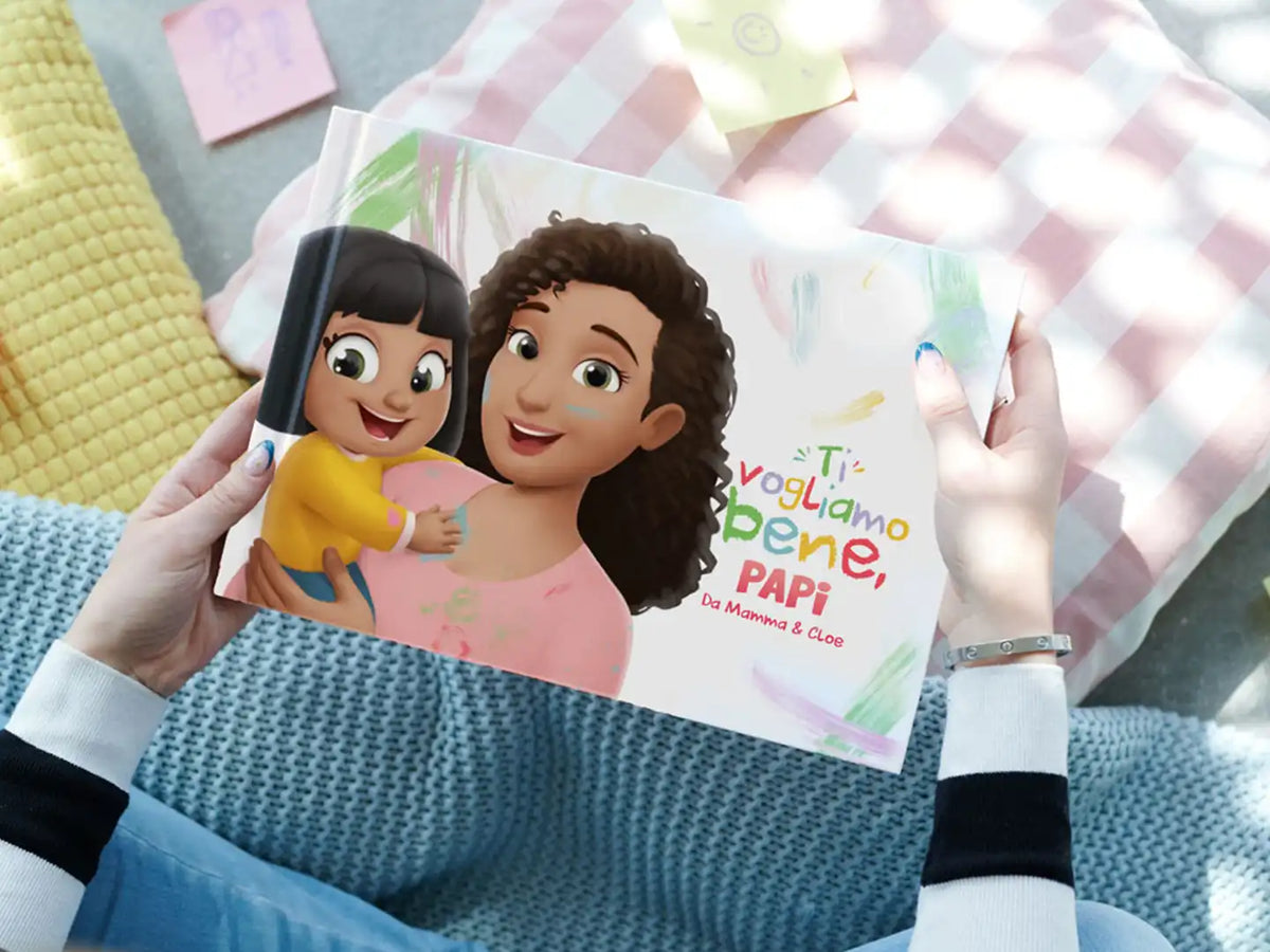 Copertina di "Ti vogliamo bene, Papà", un libro personalizzato per papà, con mamma e bambino sulla copertina.