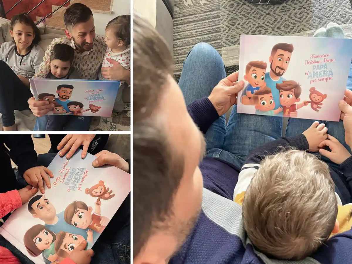 I bambini indicano le loro illustrazioni all'interno di questo libro personalizzato, che è il miglior regalo per la Festa del Papà.