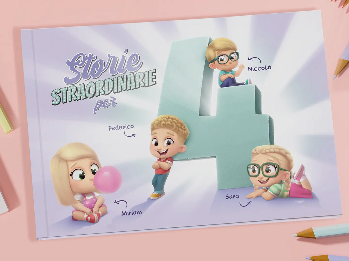 La copertina per il libro personalizzato per 4 bambini di Urrà Eroi. 