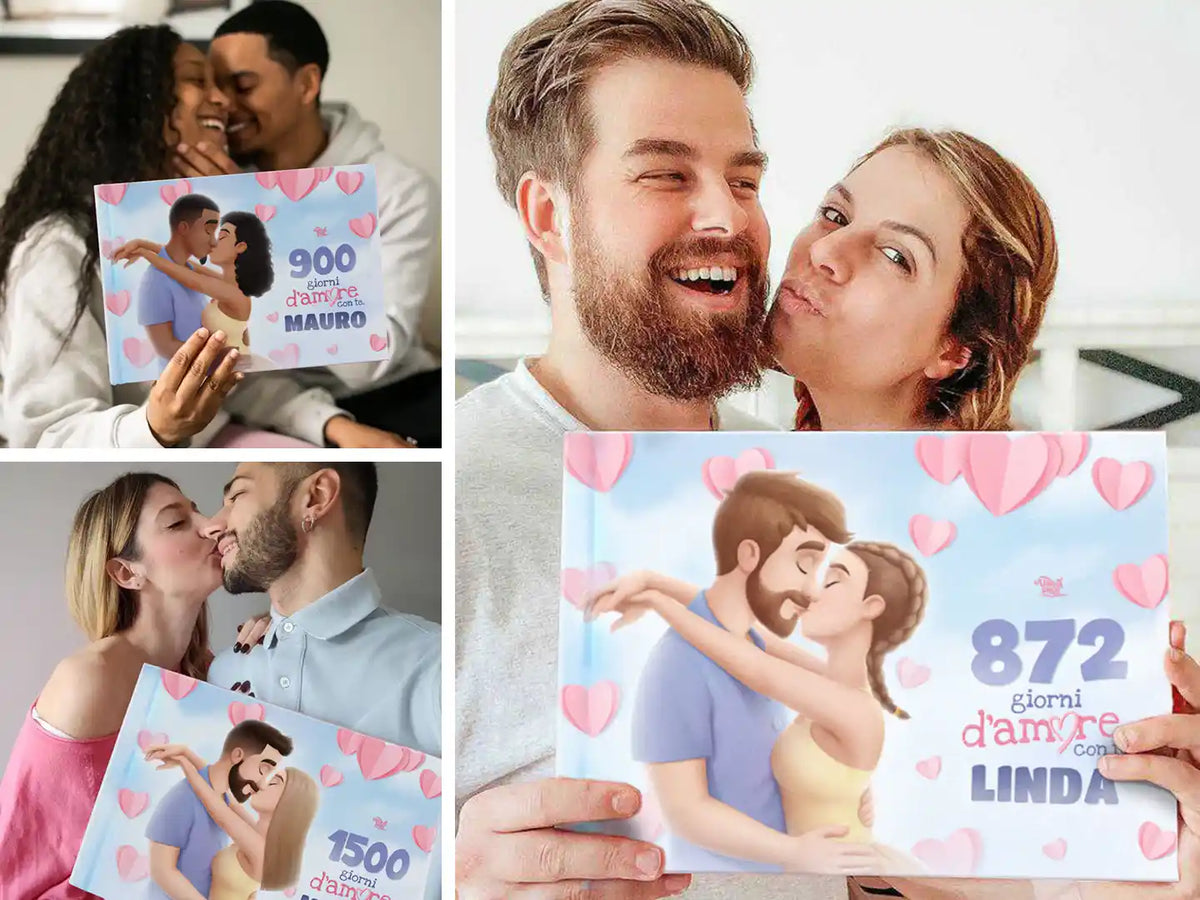 Coppie con il loro libro personalizzato "500 giorni da quando mi sono innamorato di te" – un regalo emozionante per tuo marito a Natale o il regalo perfetto per San Valentino.