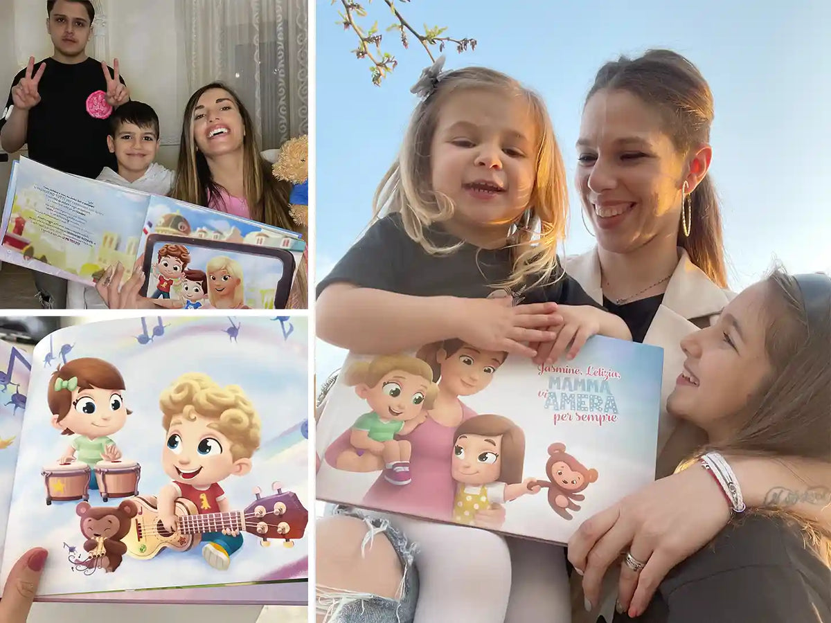Una donna mostra la copertina di un libro personalizzato per mamme e i suoi due bambini.