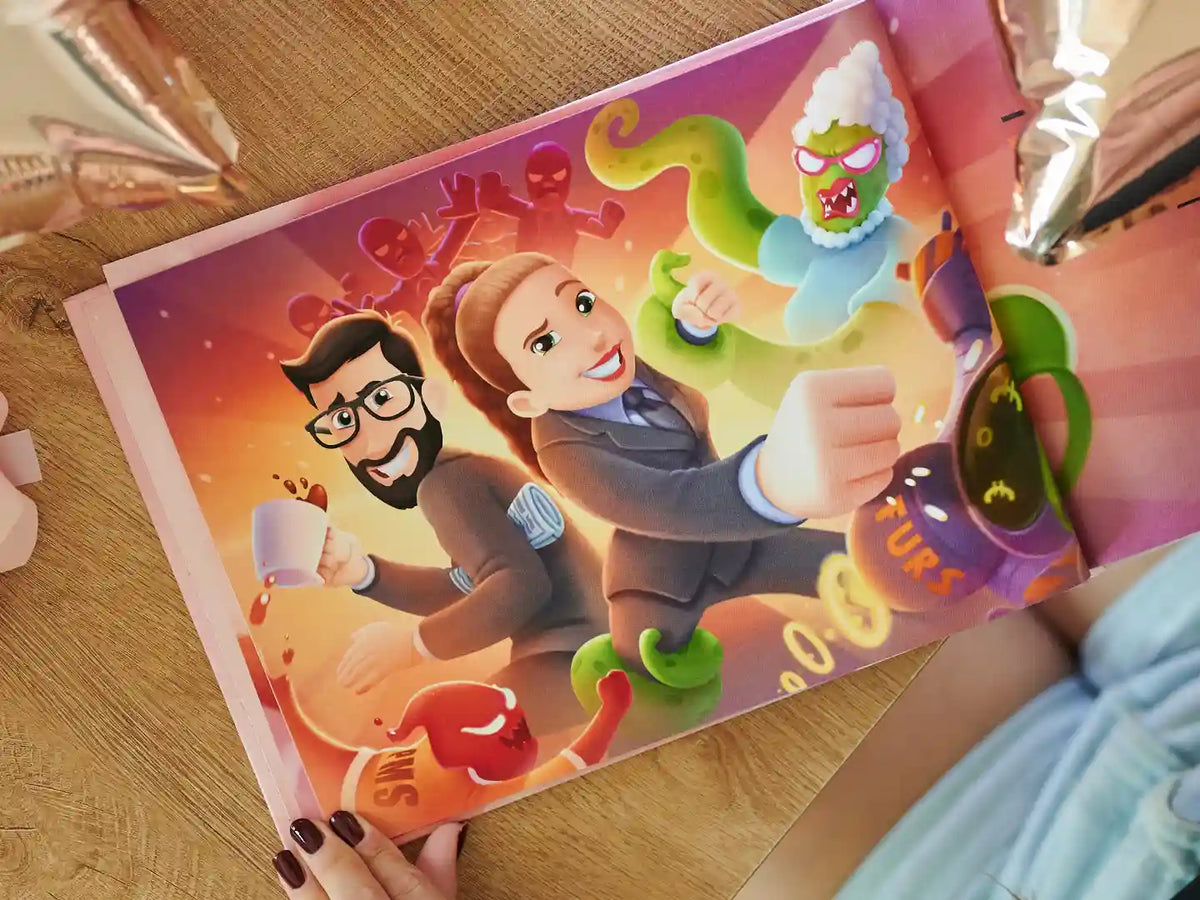 Una simpatica illustrazione tratta dal libro personalizzato per coppie di Urrà Eroi.