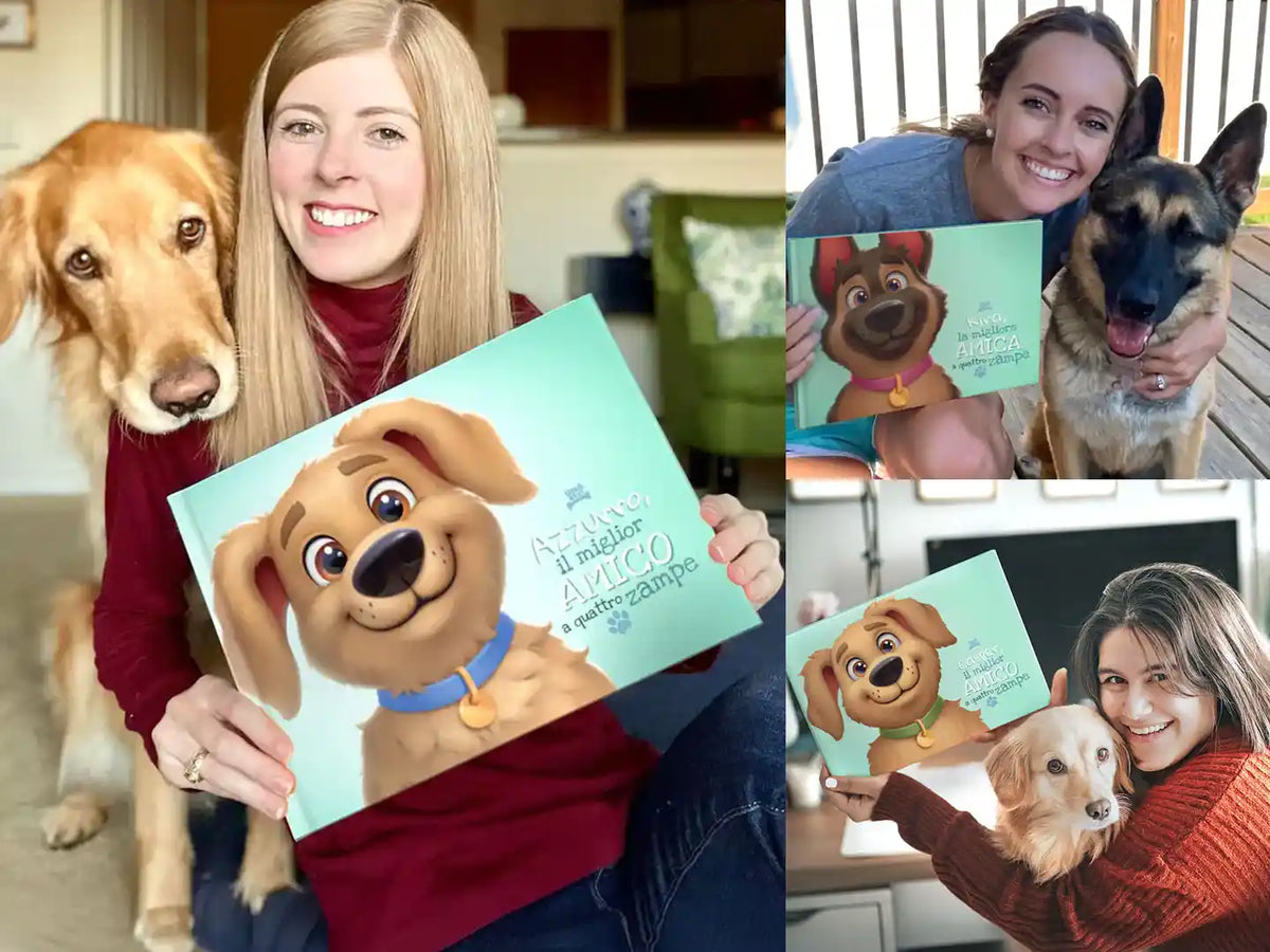 Proprietarie felici con i loro amici pelosi e libri personalizzati con i titoli “Azzurro, il migliore amico a quattro zampe”, “Vega” e “Ginger” — un regalo unico per ogni tipo di cane.