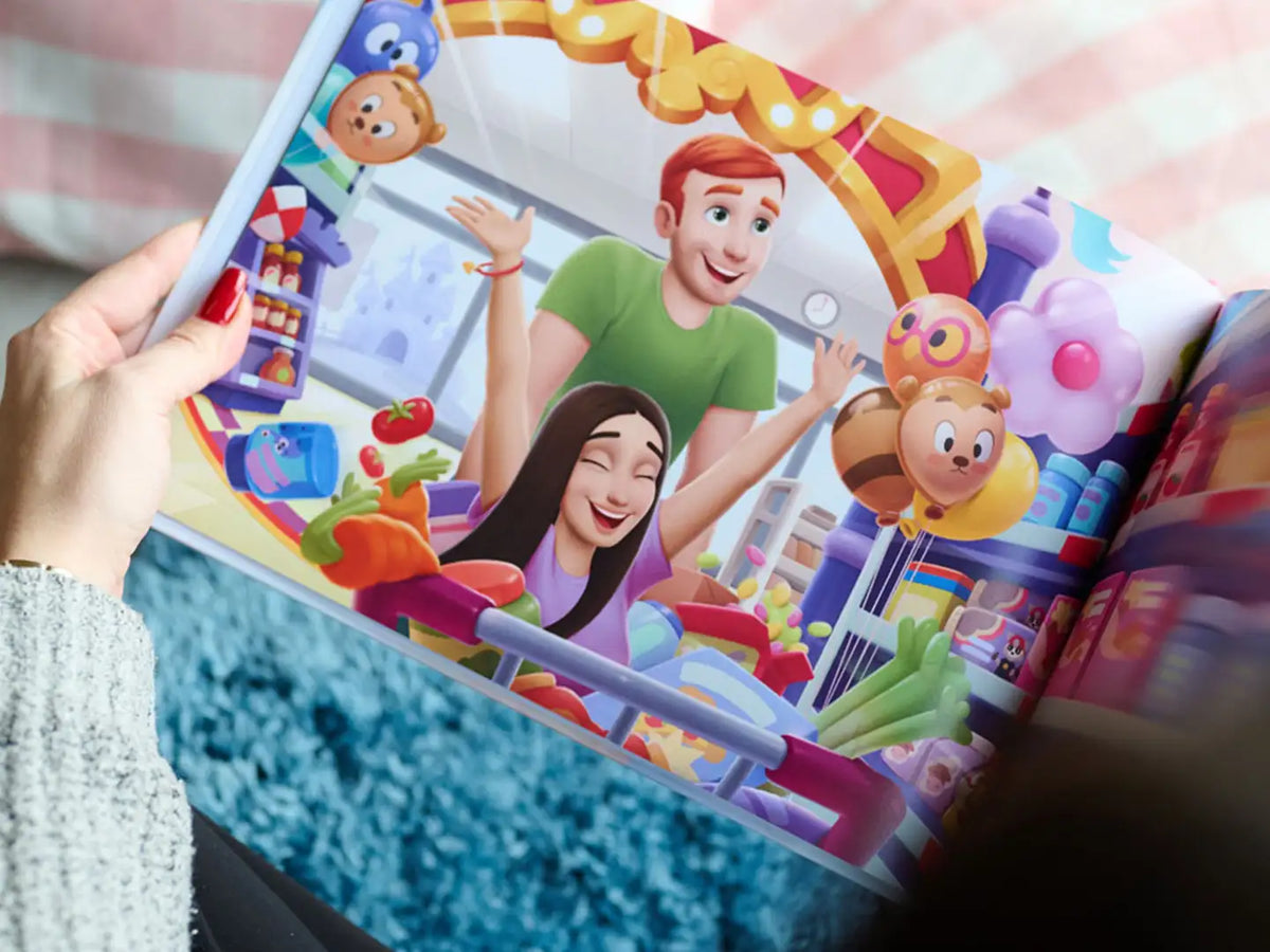 Un’illustrazione vivace di una coppia in un’uscita per shopping, inclusa in un libro personalizzato per anniversario – il regalo perfetto per San Valentino.