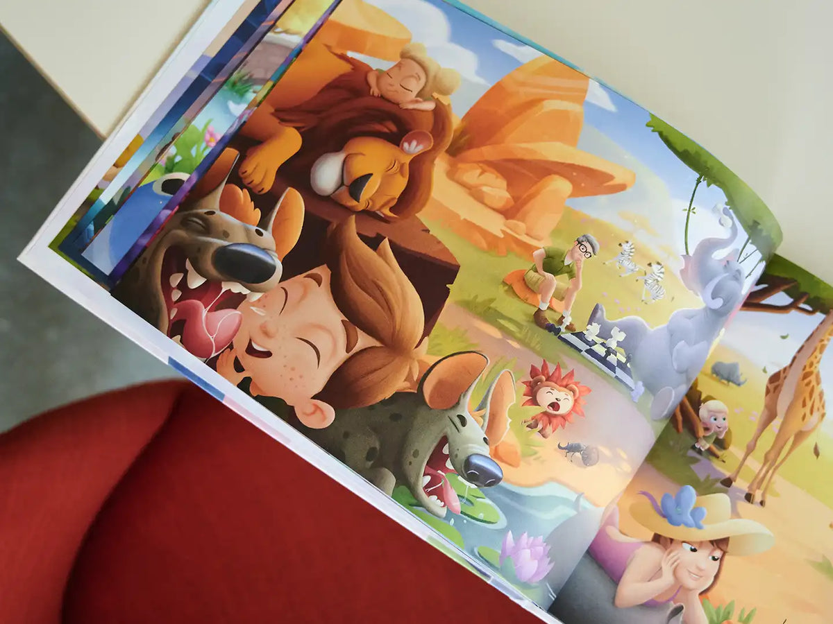 Illustrazione dal libro personalizzato per famiglie in cui la famiglia è amica di animali africani.