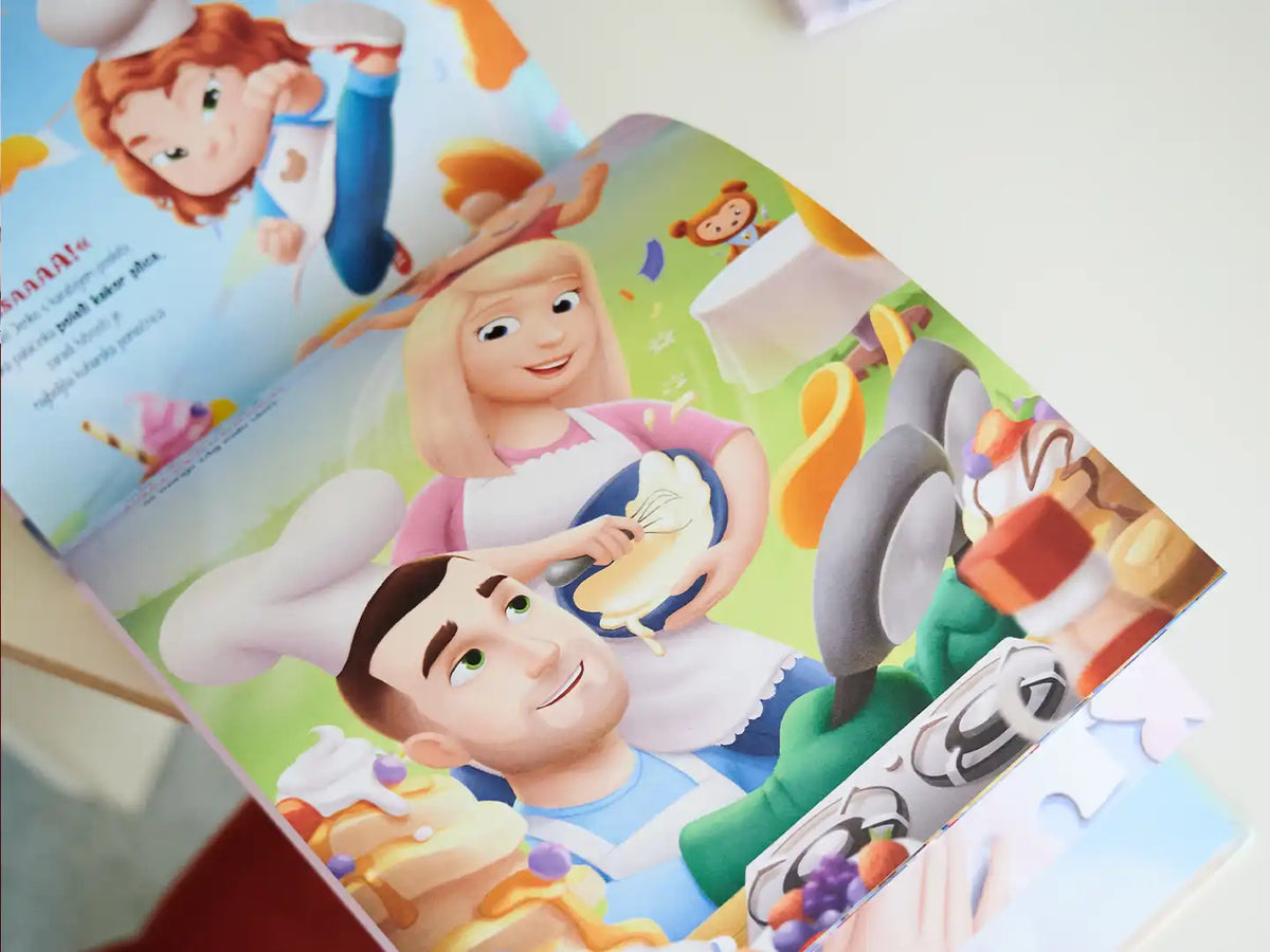 Illustrazione personalizzata dettagliata di tutti e quattro i membri della famiglia che preparano i pancake.