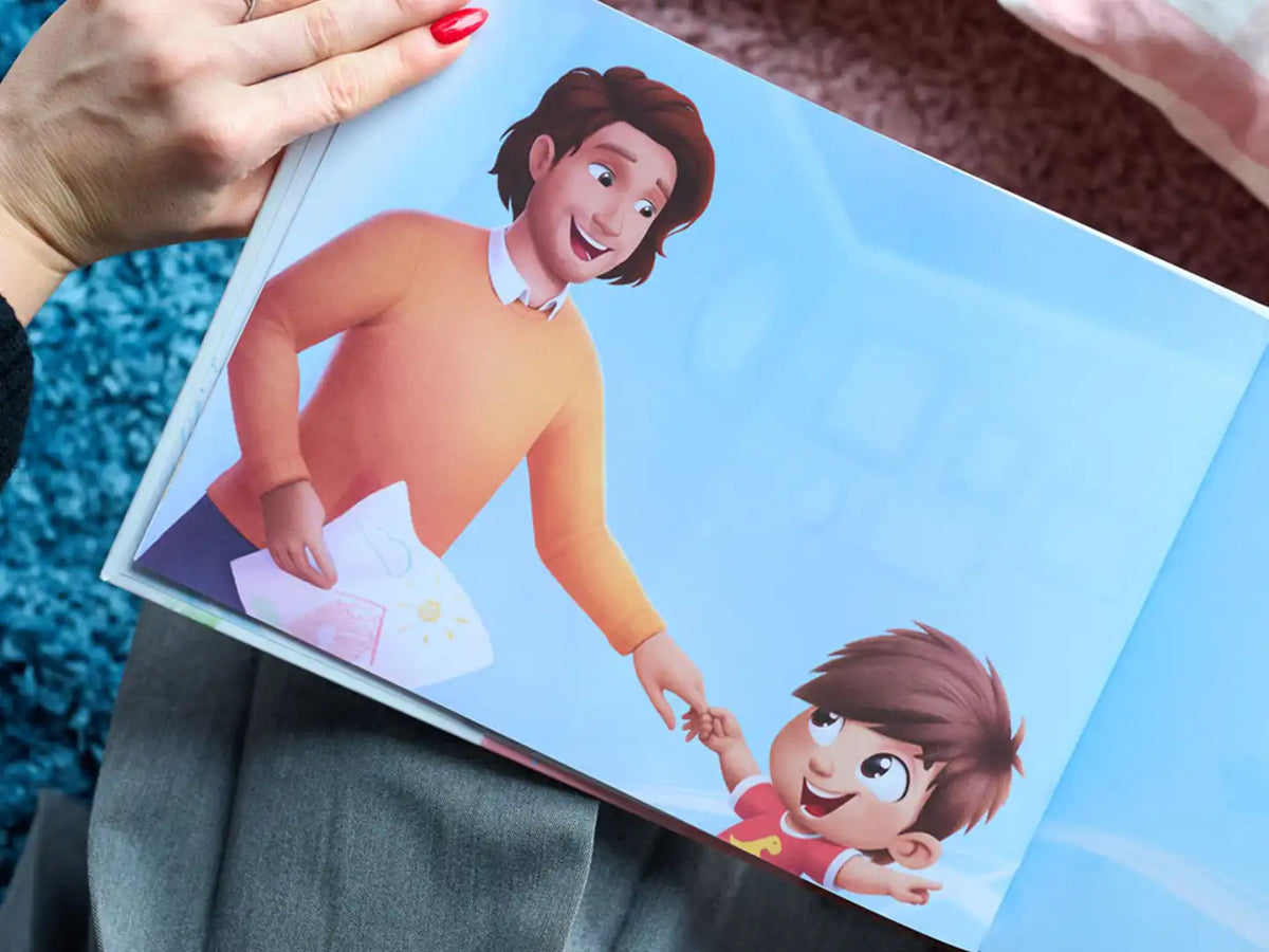 Un’illustrazione personalizzata di papà e bambino nel nostro nuovo libro di storie personalizzato per papà, un regalo perfetto per la Festa del Papà.