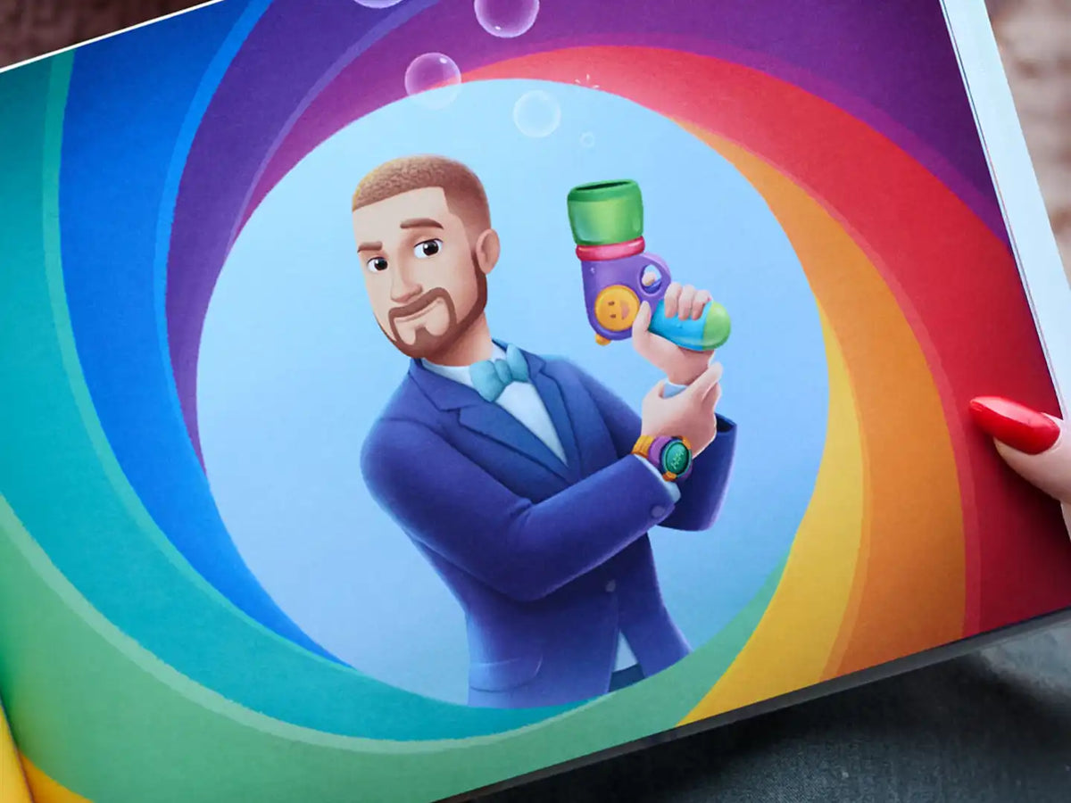 Illustrazione colorata di papà nei panni di James Bond dal nostro libro personalizzato per papà – un regalo perfetto per la Festa del Papà o per Natale.