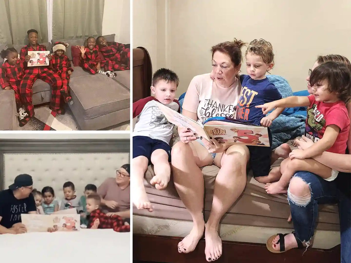 Le famiglie con cinque bambini leggono il loro libro di fiabe personalizzato fatto apposta per loro.