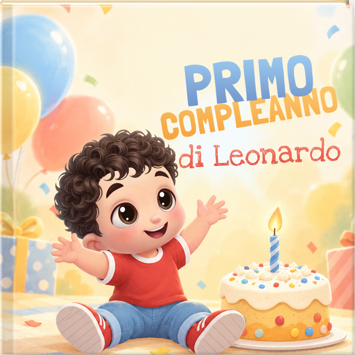 Libro del primo compleanno con bebè, torta e candelina