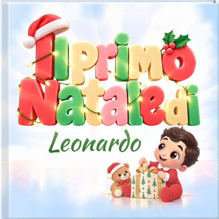 Libro del primo Natale con copertina rigida, bebè, regalo e orsacchiotto