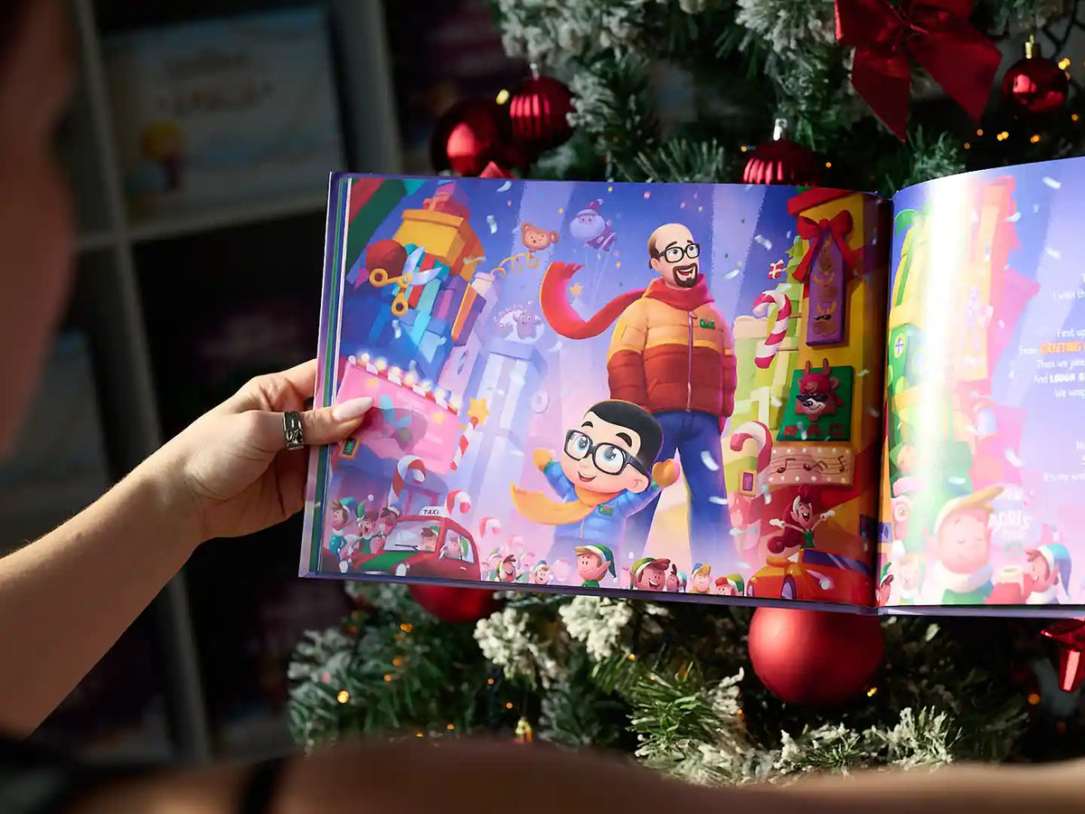 Un'illustrazione colorata dal nuovo libro di Natale per papà di Urrà Eroi.