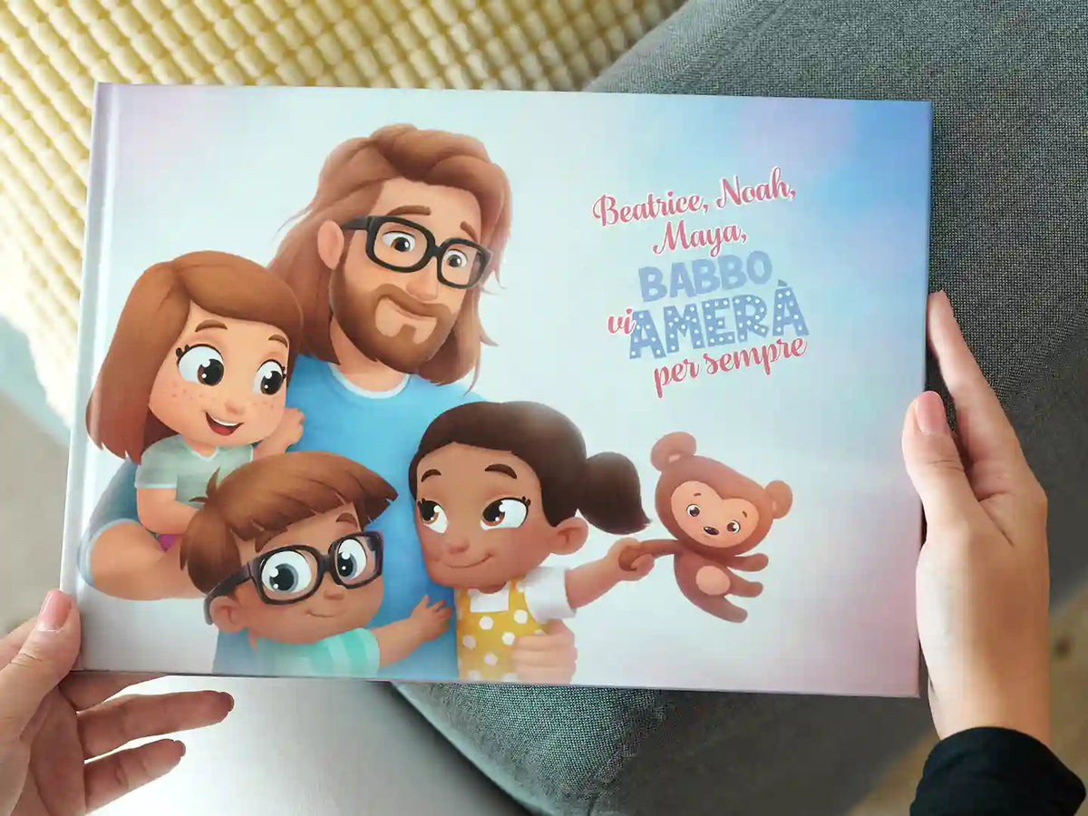 La copertina del libro personalizzato di Urrà Eroi in cui personalizzi papà e i suoi tre bambini, che è anche un fantastico regalo.