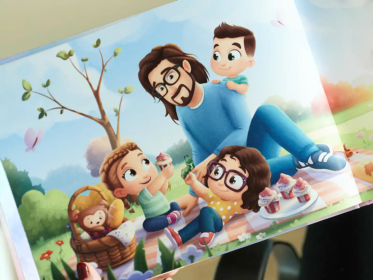 Bellissima illustrazione dei fratelli personalizzati dal libro su misura su papà e i suoi tre bambini, un regalo perfetto per la Festa del Papà.