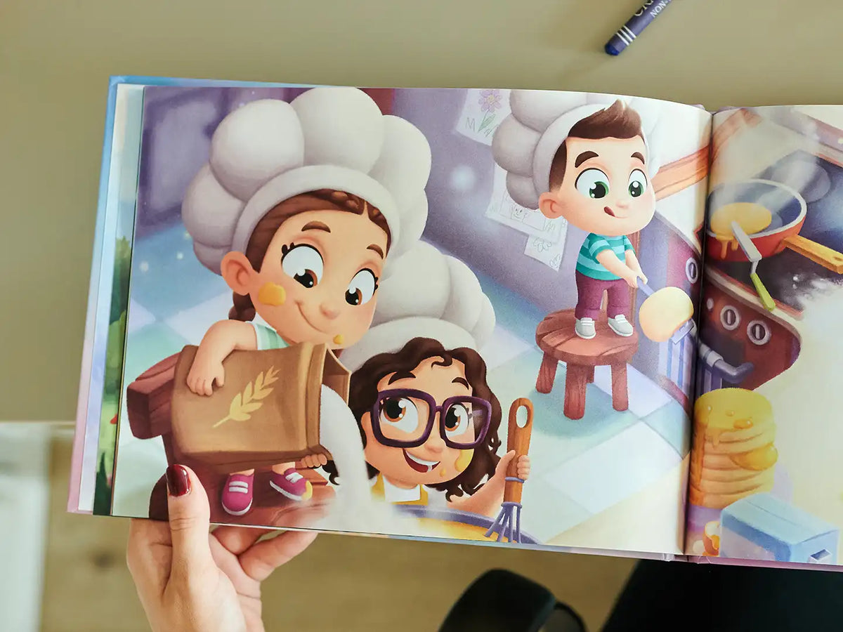 Divertente illustrazione dal libro personalizzato per papà e tre bambini, dove si divertono un mondo a cucinare.