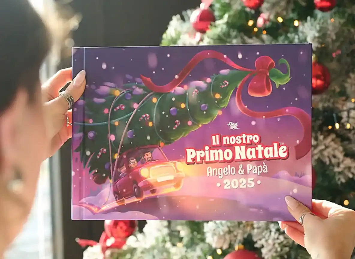 Libro personalizzato “Il nostro Primo Natale 2025” con Angelo & Papà, idea regalo natalizia unica per il primo Natale insieme.