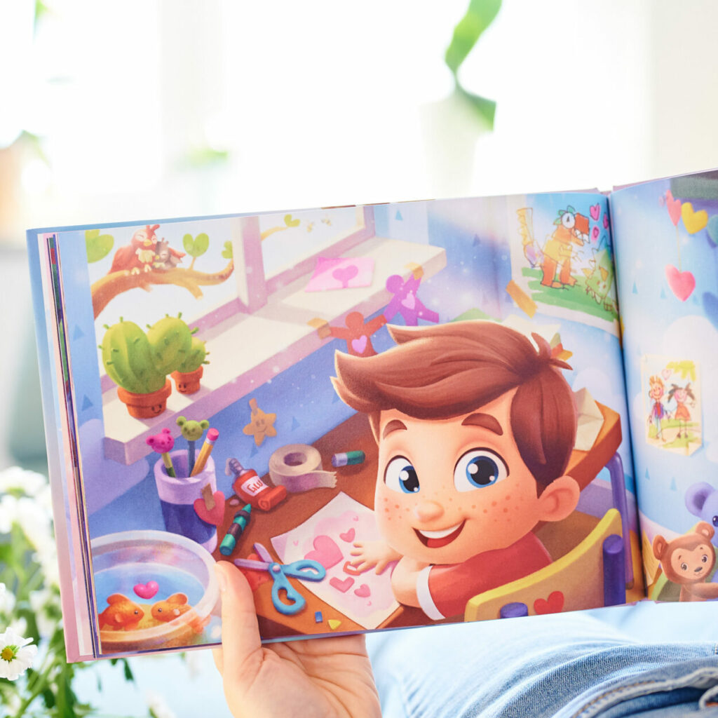 Un uomo ha in mano un libro personalizzato da Urrà Eroi e ne mostra l'illustrazione.