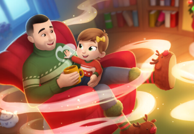 Un papà e un bambino seduti in poltrona a Natale