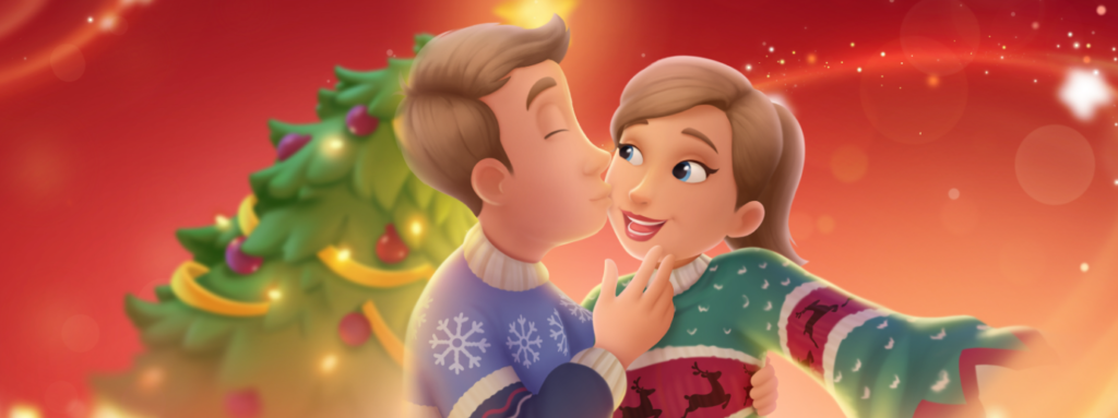 Una pagina del libro personalizzato per Natale, una coppia che si bacia.