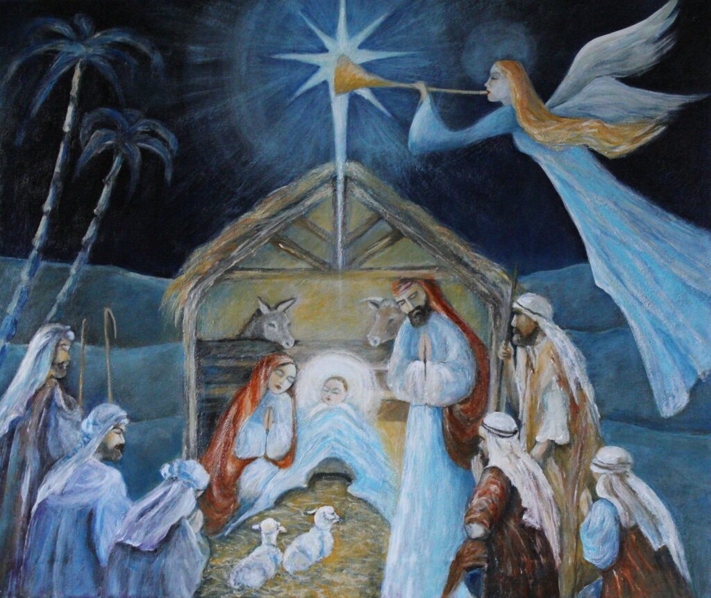 Il dipinto raffigura la nascita del bambino Gesus