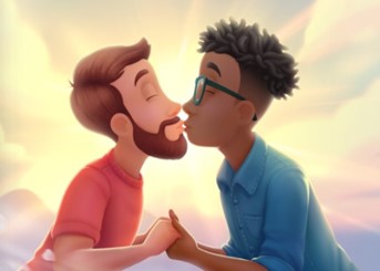 A ilustration from the samesex couples book a couple kissing.