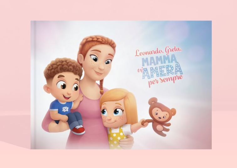 L'immagine mostra la copertina del libro personalizzato per la mamma con due bambini.