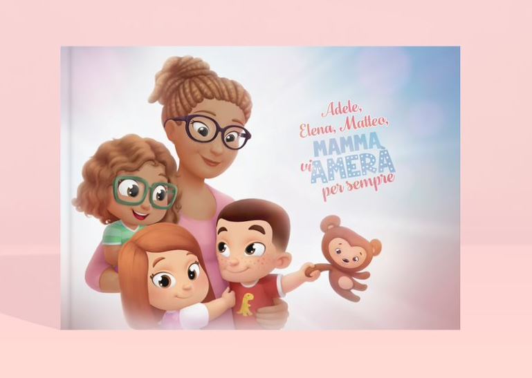 L'immagine mostra la copertina del libro personalizzato per la mamma con tre bambini.