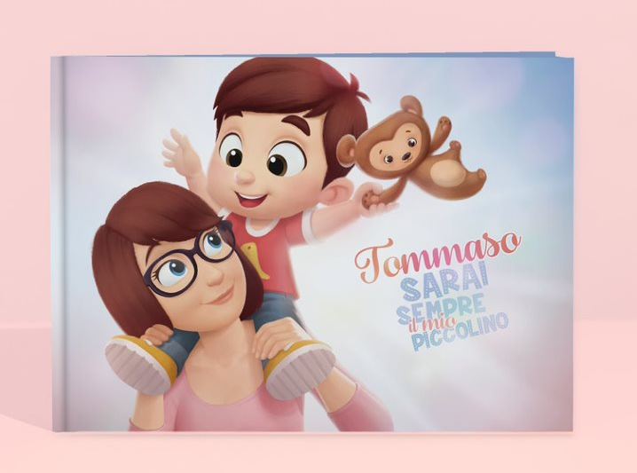 L'immagine mostra la copertina del libro personalizzato per la mamma con uno bambino.