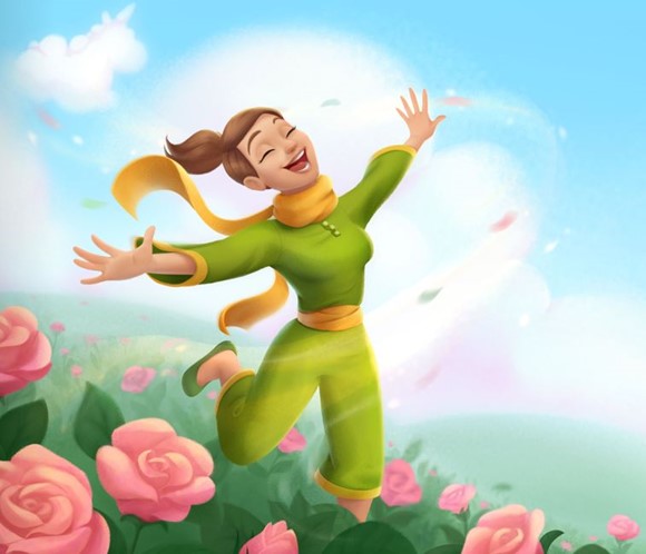 Una donna che danza in un campo di rose.