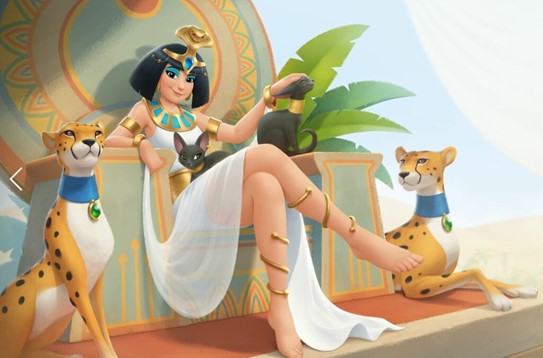 Una ragazza vestita da Cleopatra con due gepard.